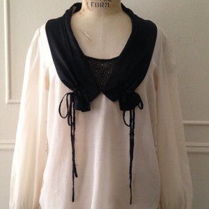 Mayle Blouse 6 Silk Victorian Lace Princess Ruffle Boatneck Ivory B/W Goth